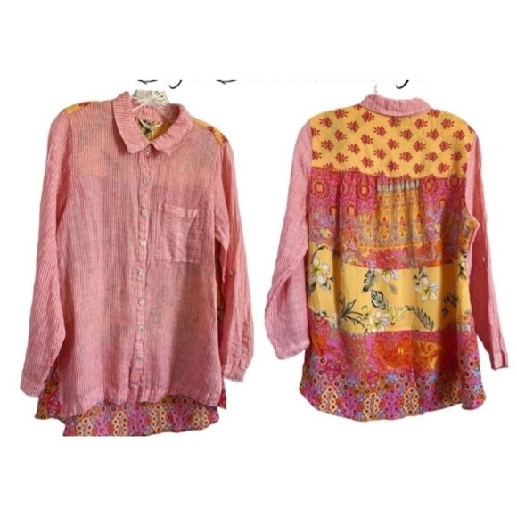 Soft Surroundings Medium Button Front Shirt Red White Stripe, Yellow Flower Boho - Picture 2 of 7